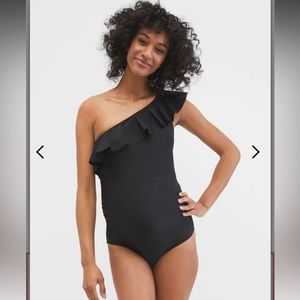 Motherhood Maternity black ruffle front one shoulder swimsuit